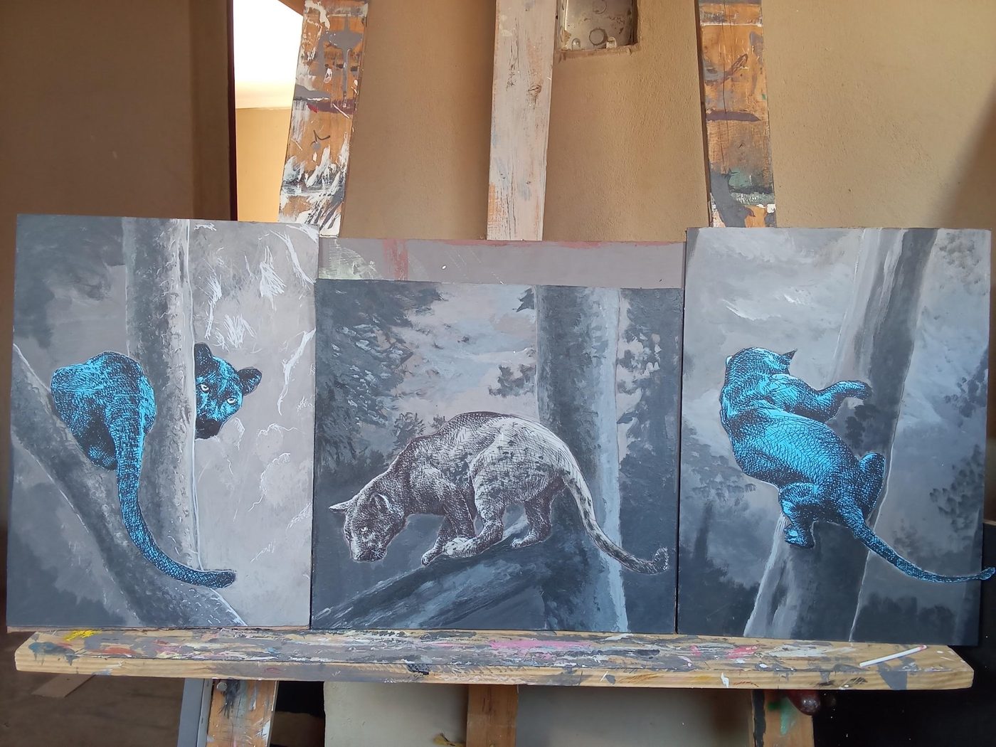 'Black Panther Series' by Mohau Lethae, Acrylic and ink on board, triptych