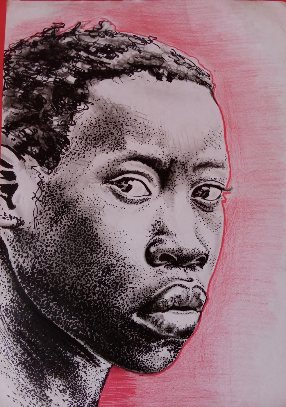 'The Gaze', a pen, ink and pastel portrait by Mohau Lethae, A3 size