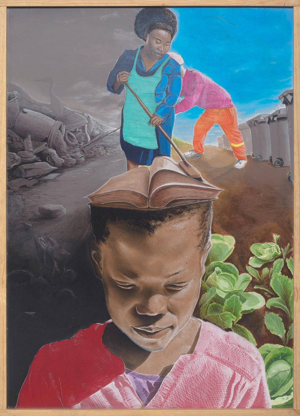 Original artwork depicting a child with an open book overlaid on a scene of community waste clean-up